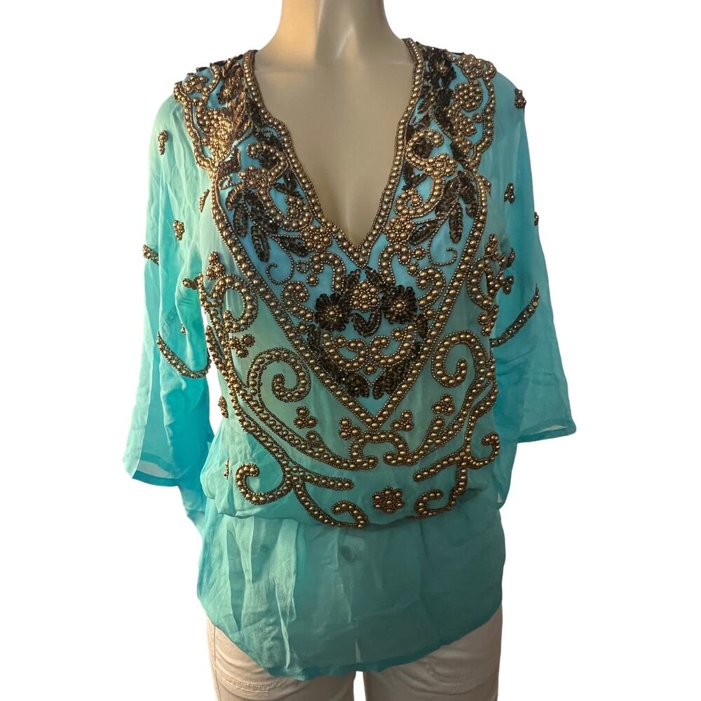 Sauvage Blue Sheer beaded Blouse Size S